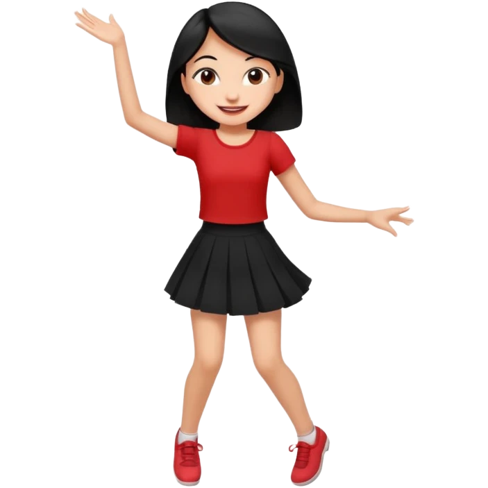 Chicas esbelta con falda corta negra y top rojo,pelo semi largo negro y lacio  super feliz,pero bailando emoji