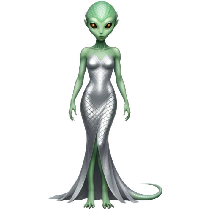 alien reptilian woman light green skin in silver dress, full body emoji