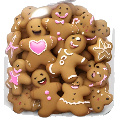 Realistic glass cookie jar with light pink lid full of gingerbread cookies isolated.  emoji