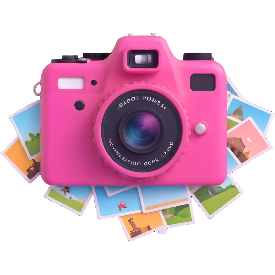 a pink camera with photos floating around it emoji