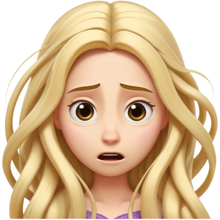 Cinematic Funny Rapunzel Portrait Emoji, Looking exhausted while tangled in her own hair, a dramatic sigh, eyes rolling with humorous exasperation, a hilariously relatable moment for the long-haired princess! emoji