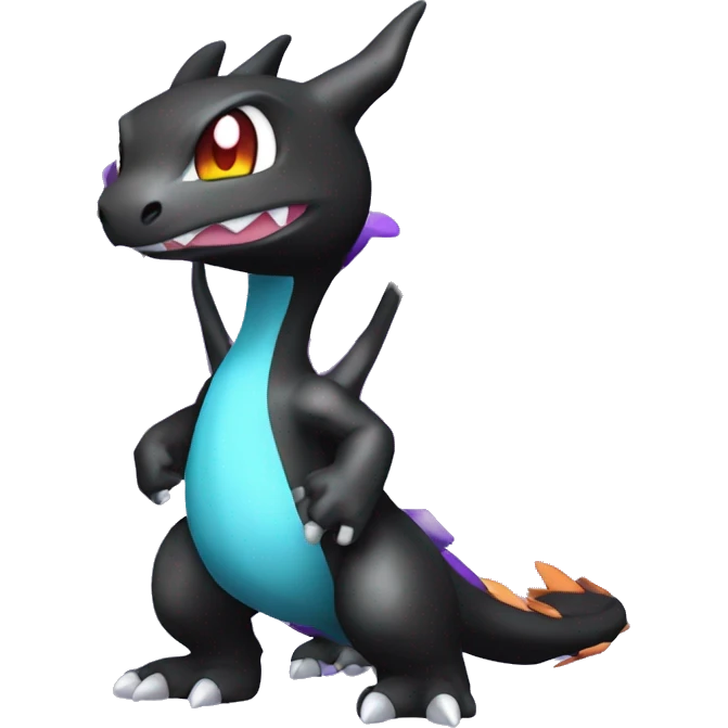 Black shiny chibi Mega-Charizard-X-Raptor-Fakémon with purple accents full body emoji