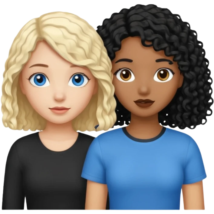 Girl best friends, one white with blond bob and blue eyes, one black with long black curly hair emoji