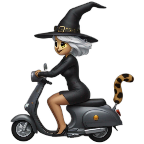 sexy gray-haired witch on a scooter painted like a leopard emoji