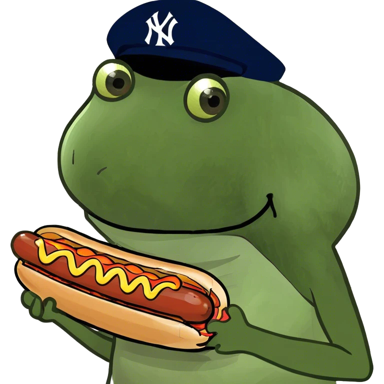 wearing a yankees hat, holding a hotdog emoji