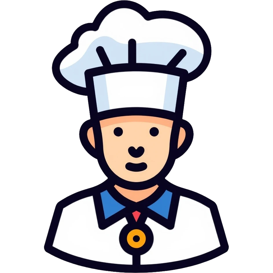 a pastry chef wearing the official uniform of Meilleurs Ouvriers de France (MOF) with a distinctive blue, white, and red collar, white chef coat, chef's hat, and medal emoji