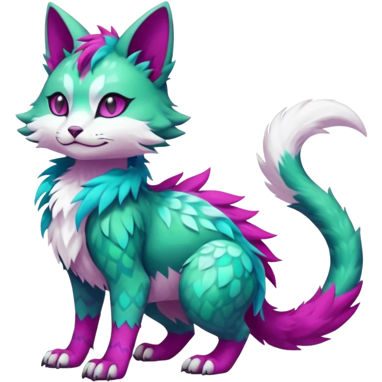 Kawaii colorful iridescent green-turquoise and magenta and white beautiful pretty elegant divine edgy fantasy feline-vernid-sergal-Fakémon-Pokémon-fursona-animal-creature with accessories, full body, with intricate detailed markings emoji
