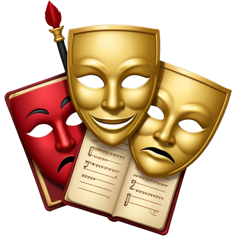 Create a bold and dramatic emoji representing the art of playwriting. The design should feature an open script or a theater playbook, with stylized text lines or dramatic dialogue inside. Include elements like a theatrical comedy and tragedy masks, a stage spotlight, or a writting quill to symbolize creativity and performance. Use deep, contrasting colors like red, black, and gold to evoke the intensity and passion of drama. The overall design should feel dramatic, inspiring, and artistic. Make the background transparent. emoji