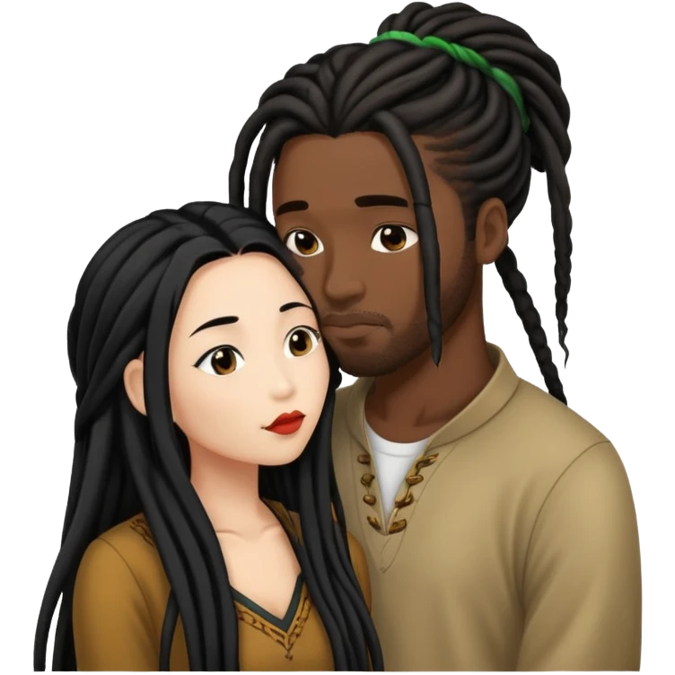 Asian Woman with long hair kissing a black guy with dreads emoji