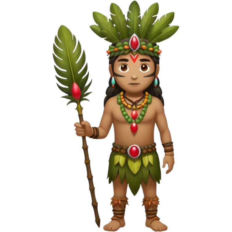 full body indigenous forest hunter spirit with feather fruit crown emoji