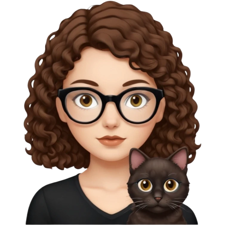 white girl with chest-length brown curls and black cat-eye glasses emoji