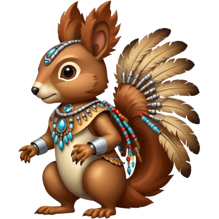 Full Robotic squirrel wearing native American regalia with feathers and beads emoji