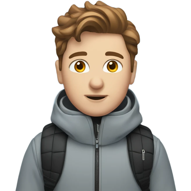 White boy with brown hair skiing on blue skis. Wearing a light gray coat. And a pair of black snow pants.  emoji