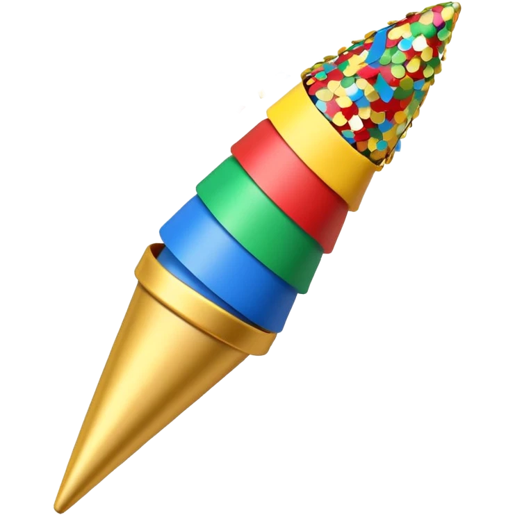 A small cone-shaped party popper tilted to the side, usually gold or yellow with diagonal stripes. It bursts open at the top, releasing colorful confetti and streamers in blue, red, yellow, or green. Represents celebrations, parties, excitement, or congratulations. emoji