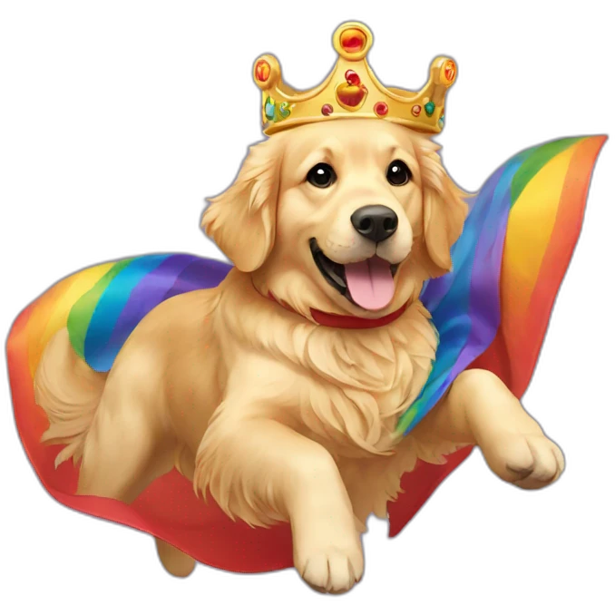 Golden retriever flying over rainbow wearing a cape and crown emoji