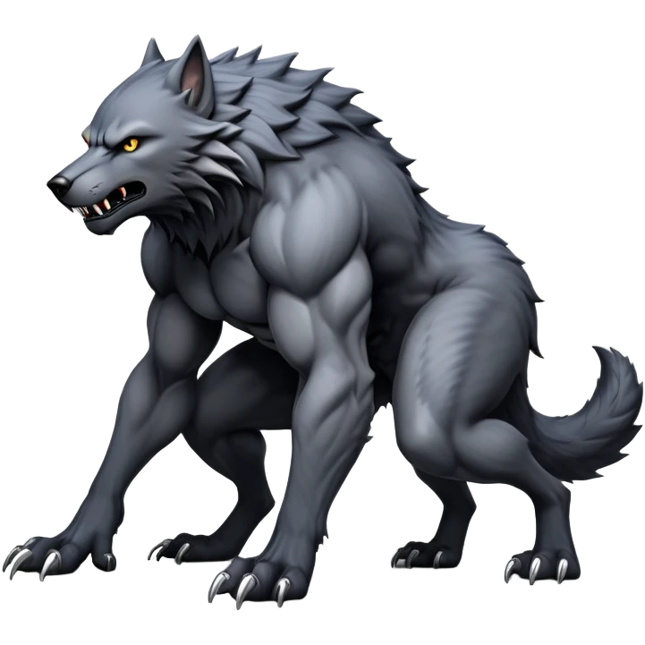 cinematic-noble-fierce-werewolf-full body on all fours-emoji, poised-and-imposing, with a tall, lean, and muscular wolfish frame inspired by the brutal, imposing shape of the beast from Berserk, fur rippling in shades of midnight black and silver, massive paws with razor-sharp claws, elongated limbs and fangs, eyes glowing with an intense, primal ferocity, reflecting the untamed power of the wild moonlit night; rendered with realism like a wolf hunched over battle ready pose ready to attack emoji