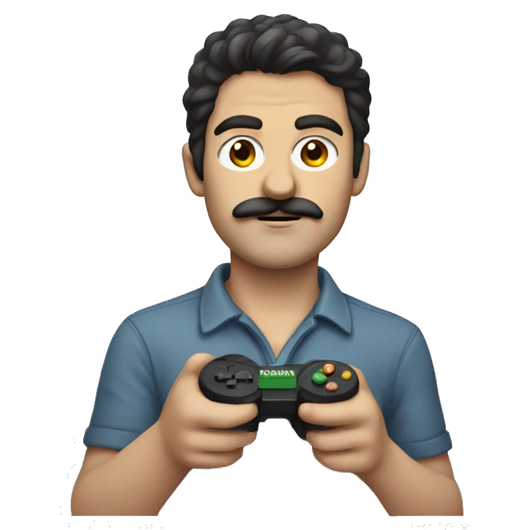 dark hair dark eye man with short mustache holding game controller emoji