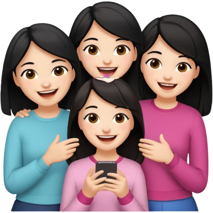 3 friends having fun, one with black hair, 2 with brown hair, girly style emoji