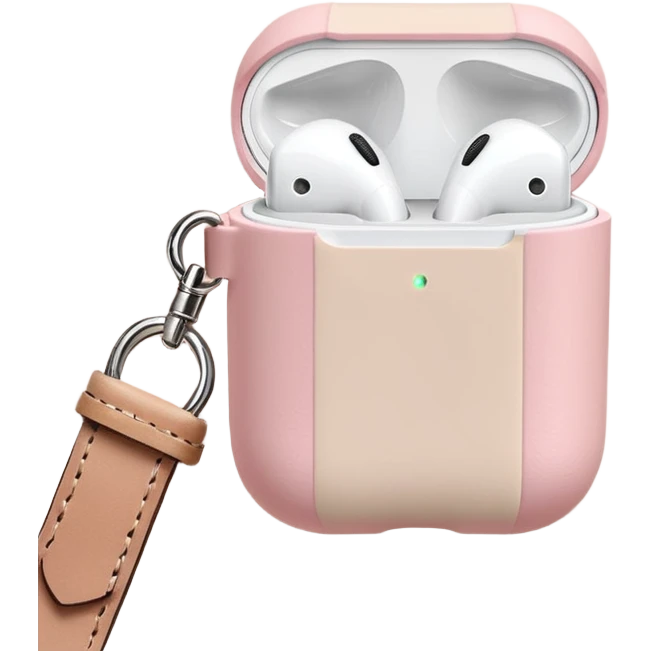 Pastel pink AirPods case on top of a beige travel journal, minimal setup emoji