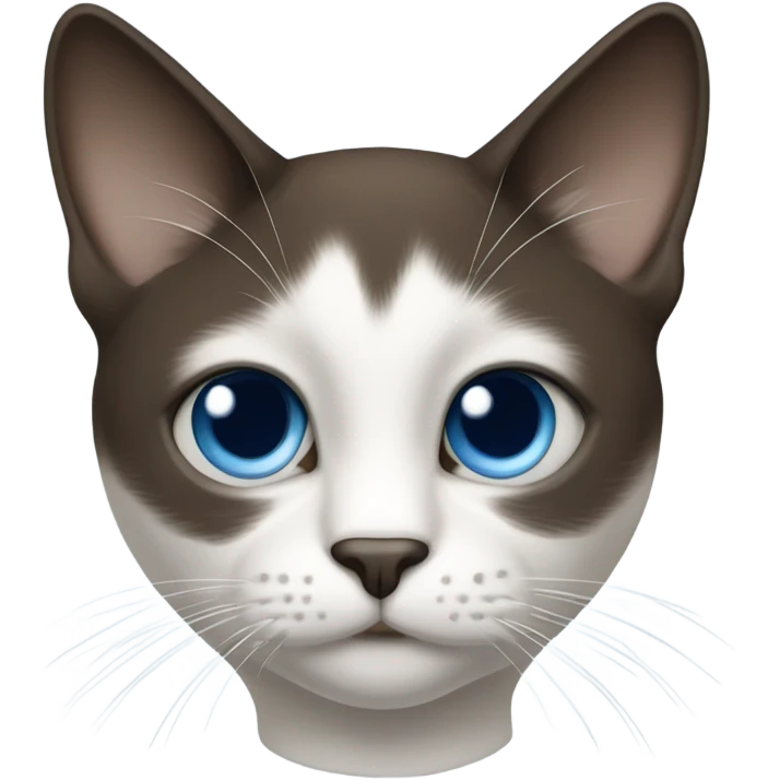 Snowshoe cat with small white patch on left side by nose, dark face and blue eyes emoji