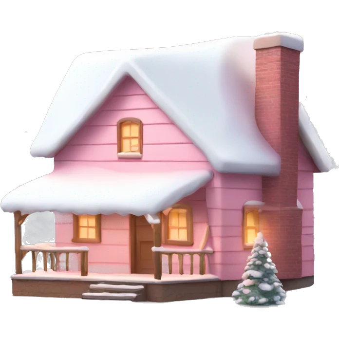 light pink cabin with snow with lights with smoking chimney and pink christmas tree emoji