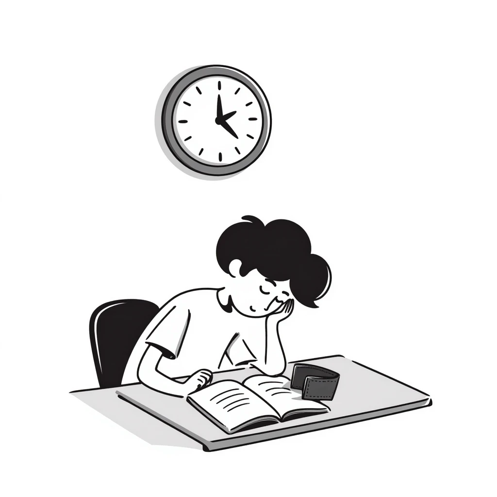 A student sitting at a desk with a clock and an empty wallet emoji