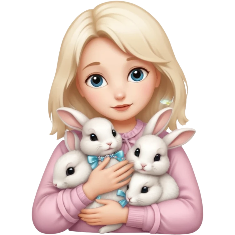 woman hugging baby rabbits with ribbons and crystals emoji