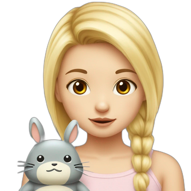 bébé fille blonde décoiffée avec une peluche Totoro  emoji