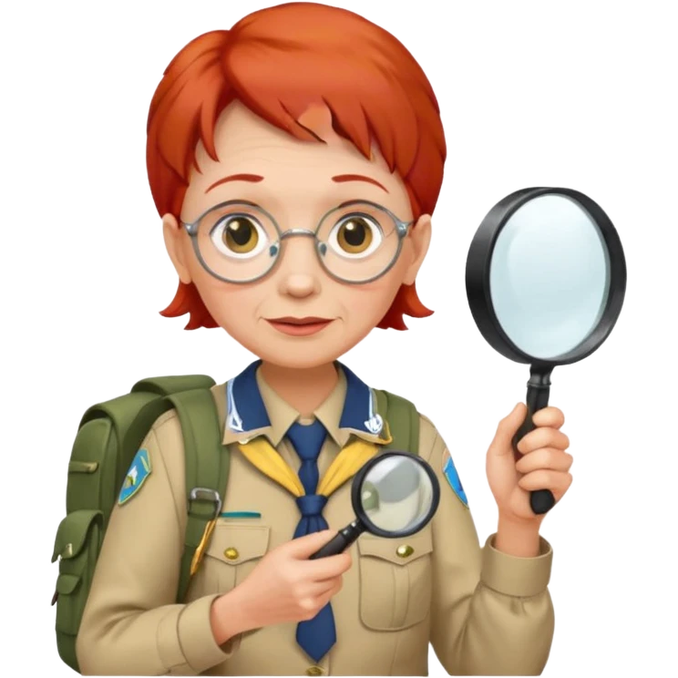 scout old woman backpack and magnifying glass, red emoji