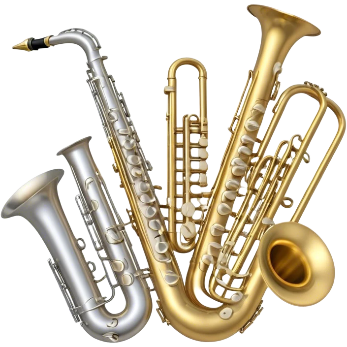 Create a professional, harmonious emoji collage symbolizing wind instruments.  The instruments should be in metallic gold, silver, and brass tones, with subtle reflections to convey a professional and polished appearance. Add soft musical notes or soundwaves to surround the instruments, creating a sense of movement and sound. The background should be transparent, ensuring all instruments are the focus and the composition remains harmonious and balanced. emoji