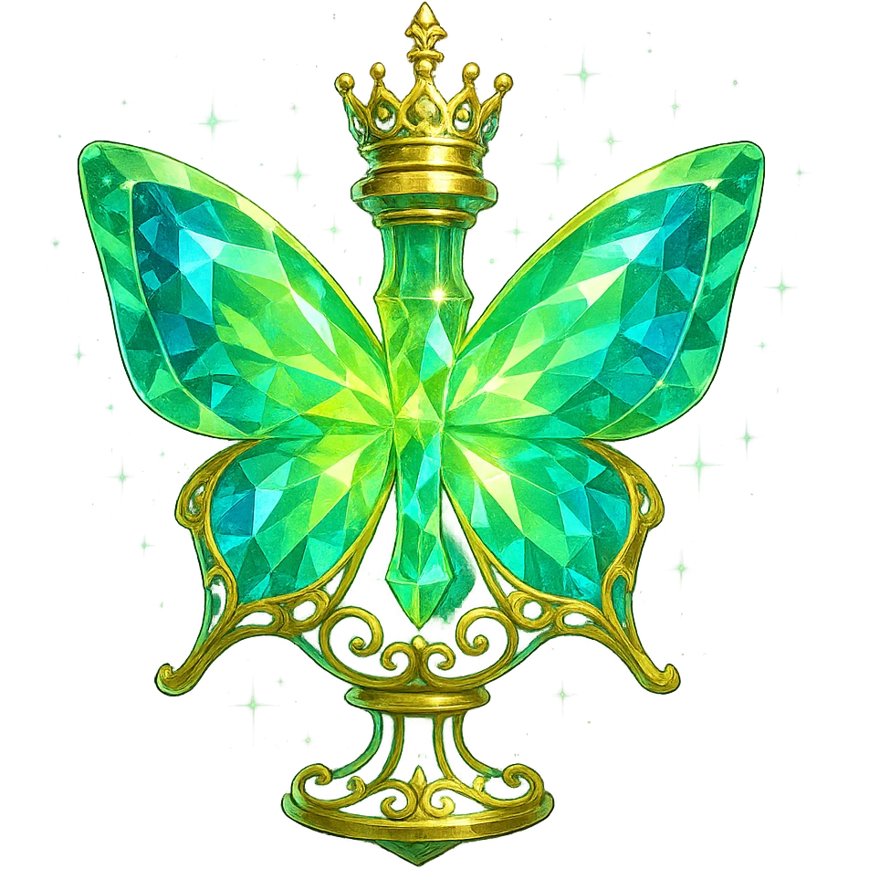 luxurious crystal butterfly-shaped bottle with short neck and crown, green (#c0ff53) and blue colors, glowing, ornaments, magical effects, golden details, transparent background, beautiful connected base, floating in air, no ground or shadow, very similar to the original emoji