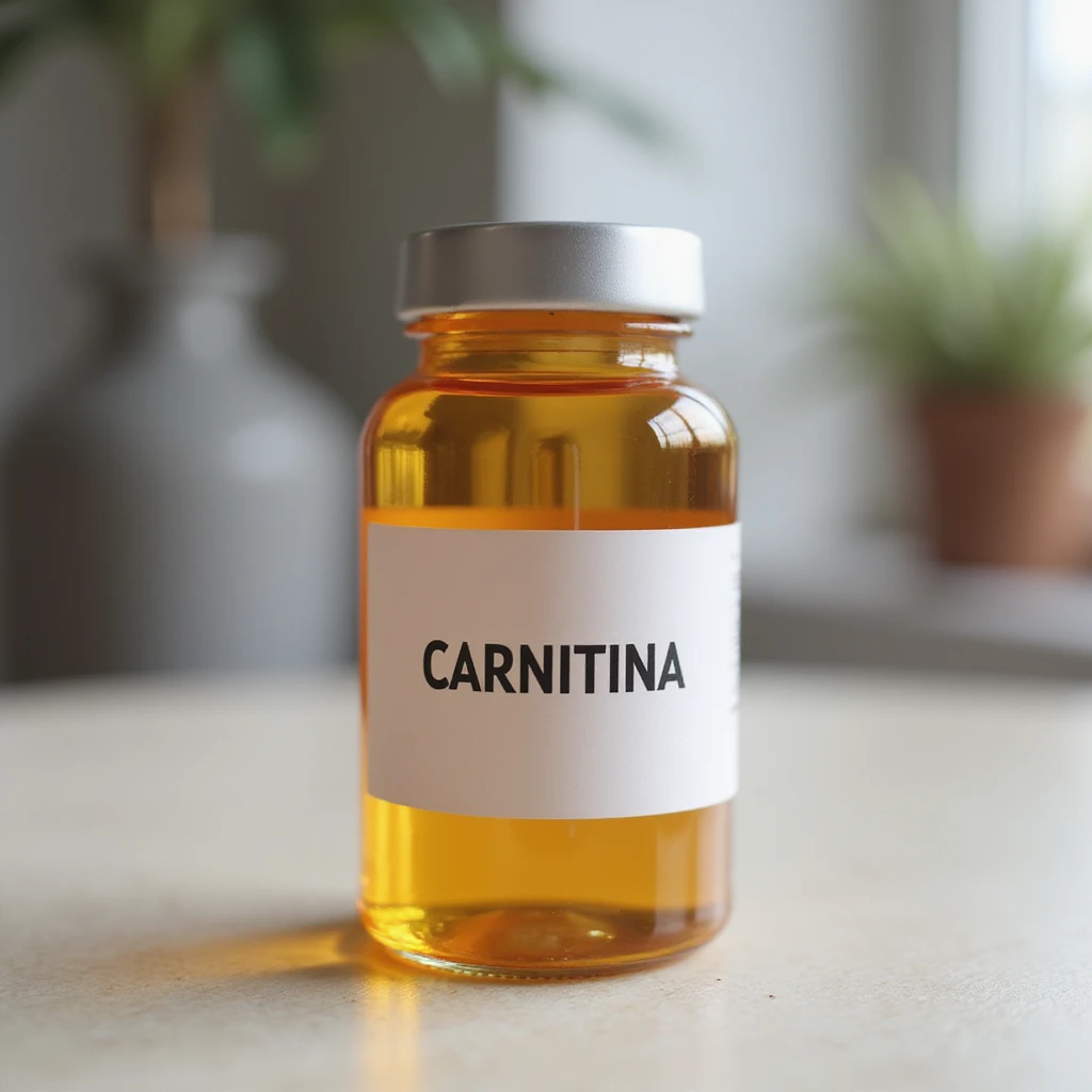 modern pharmaceutical vial with large readable label 'CARNITINA', natural light, hyperrealistic 4K emoji