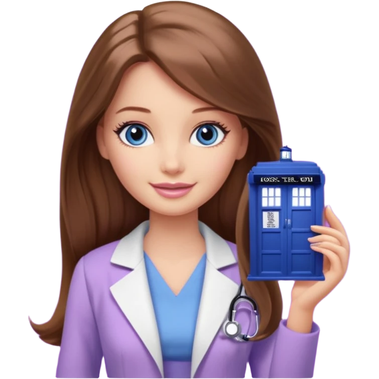 beautiful barbie girl with long brown hair, blue eyes and wearing light purple clothes watching doctor who emoji