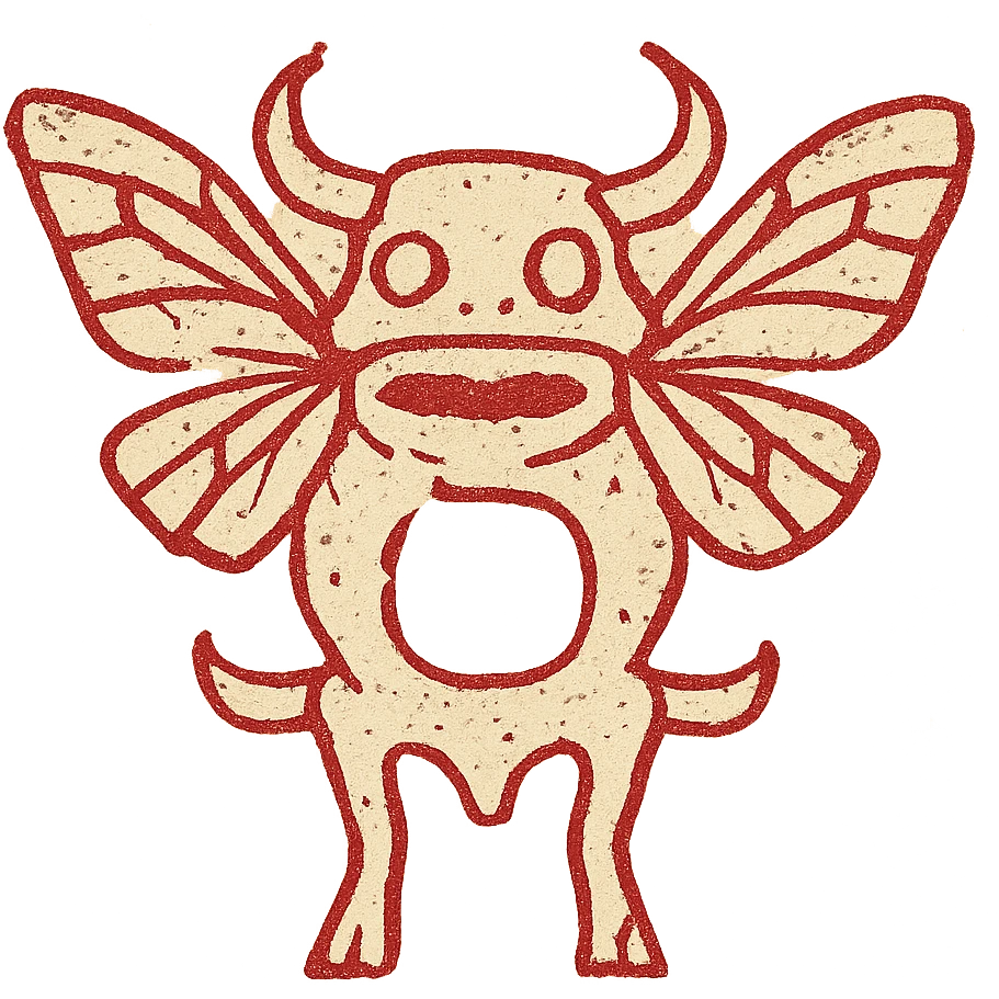 a horrifying minimalist red line art icon of a single fused creature with minotaur skull base, stoat features, frog eyes/mouth, and moth wings growing from back of skull, transparent hollow middle, with deliberately smudged, worn, torn appearance and missing pieces, only thin red lines, weathered like ancient damaged artwork emoji