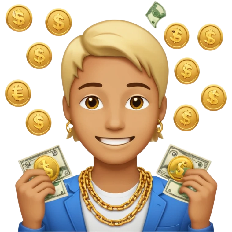 Confident digital creator with gold chain, subtle smile, money icons floating around, modern emoji style, minimal background emoji