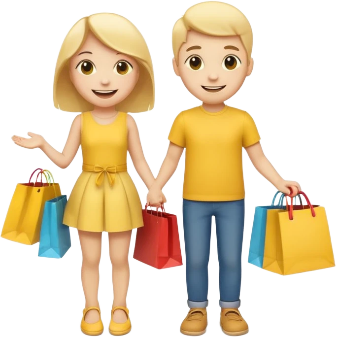 HAPPY SMILEY FACE EMOJI BOY AND GIRL WITH HANDS AND FEET WITH SHOPPING BAGS IN EACH HAND emoji