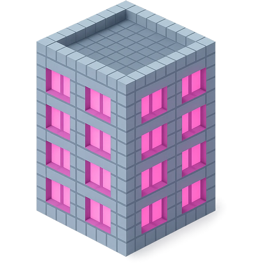 Russian panel apartment building, compact square block, light gray, pink glowing windows, isometric view emoji