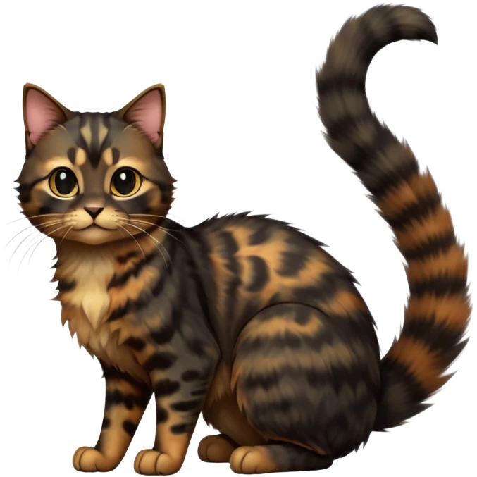 cinematic-[tortoiseshell tabby cat]-realistic-full-body-sitting-emoji,-tail-curled-playfully-around-its-paws,-head-tilted-dramatically,-scruffy-[dark black tortoiseshell coloured]-fur,-simplified-yet-realistic-focused-features,-highly-detailed,-glowing-with-an-almost-sarcastic-glow emoji