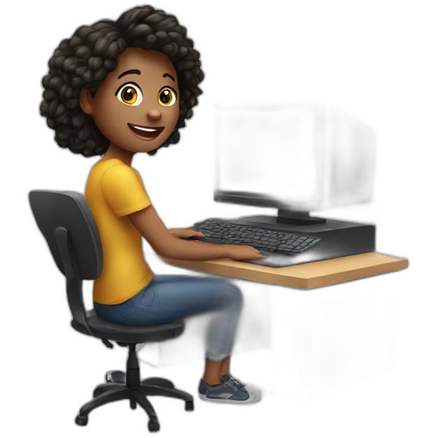 An white enthusiastic young artist and behind her computer emoji