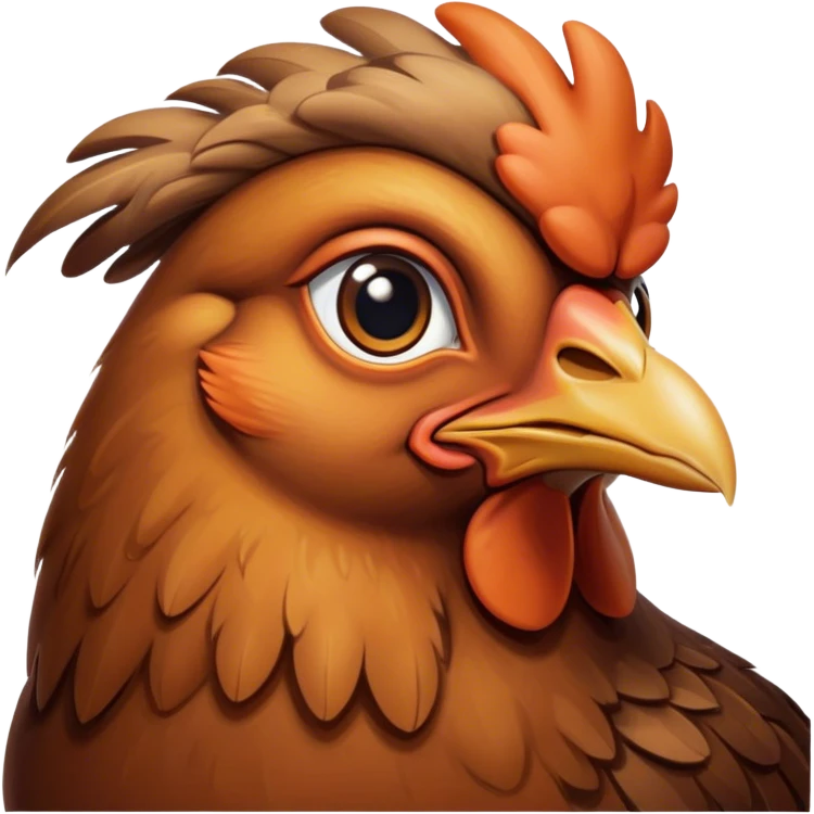 Cinematic Noble Brown Chicken Portrait Emoji, Poised and regal, with a compact, sturdy build and a warm, well-groomed brown plumage, deep-set soulful beady eyes, Simplified yet sharp and sophisticated features, highly detailed, glowing with a soft, dignified glow, high shine, intelligent and earthy, stylized with an air of rustic elegance, focused and attentive, soft glowing outline, capturing the essence of a watchful and confident fowl, so majestic it feels as though it could strut out of the screen with effortless authority! emoji
