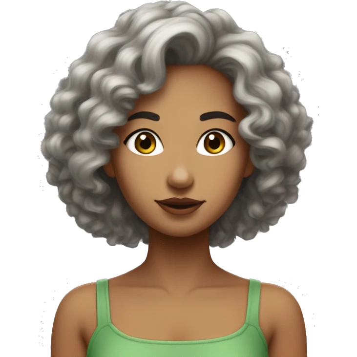 Femme , cheveux bouclés long , brune , yeux vert-marron , peau blanche, crop top gris , qui fait un bisous emoji