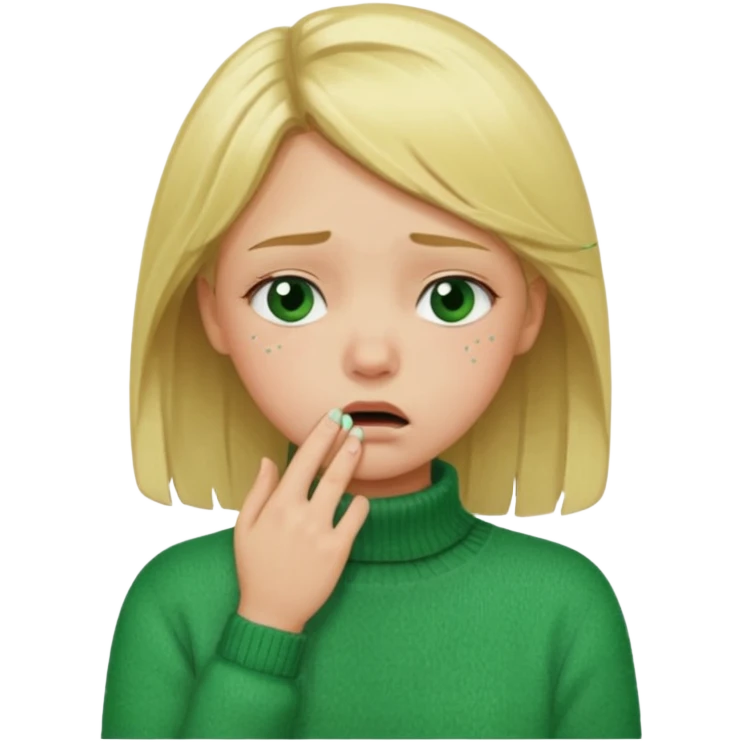 blonde girl in green jumper with hand on throat, sad emoji