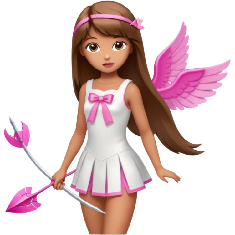 Hada sexy cupido pequeña  de cabello largo lacio castaño con flequillo y ojos cafés  vestida con algo sensual corto color blanco o rojo arco delgado con un color que combinen   y flechas  igual delgadas  que combinen y labios rosas tipo Barbie pero en hada cupido de cuerpo completo ojos sexys  emoji