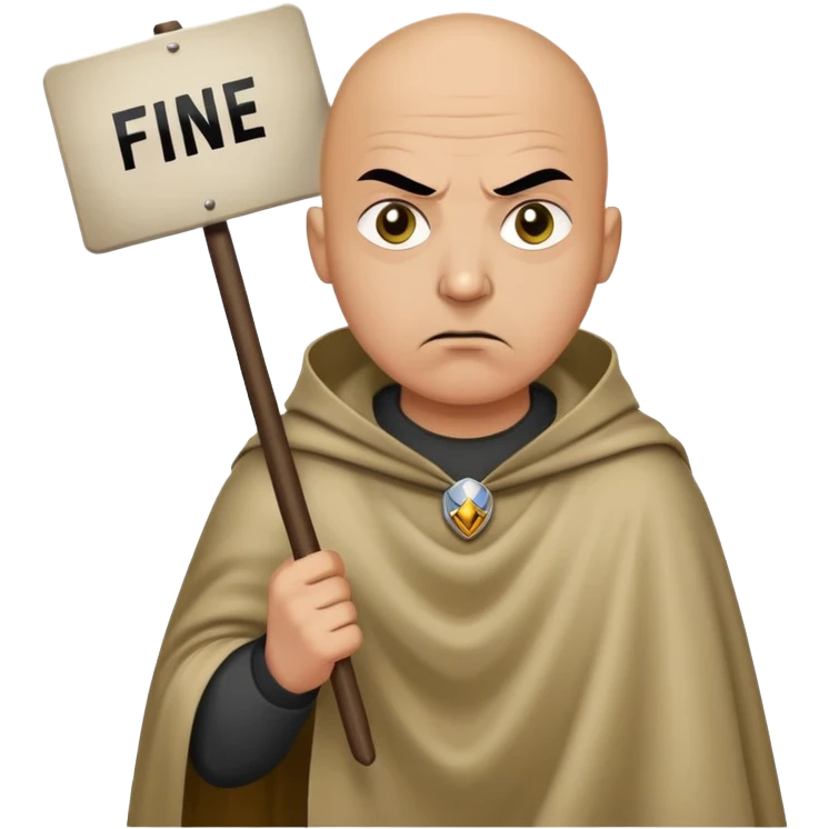 a bald general in a poncho with an angry expression on his face holds a sign that says "fine" emoji