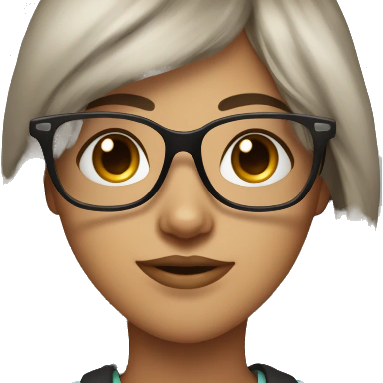 girl with dark brown wavy long hair and bangs himecut with glasses and long lashes emoji