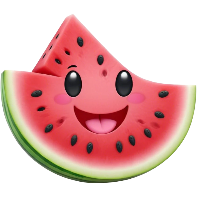 Cute Kawaii Watermelon Slice, juicy and vibrant, soft pastel green rind with pink flesh, tiny black seeds shaped like hearts, an adorable happy face with cute round eyes, bursting with summer energy! emoji