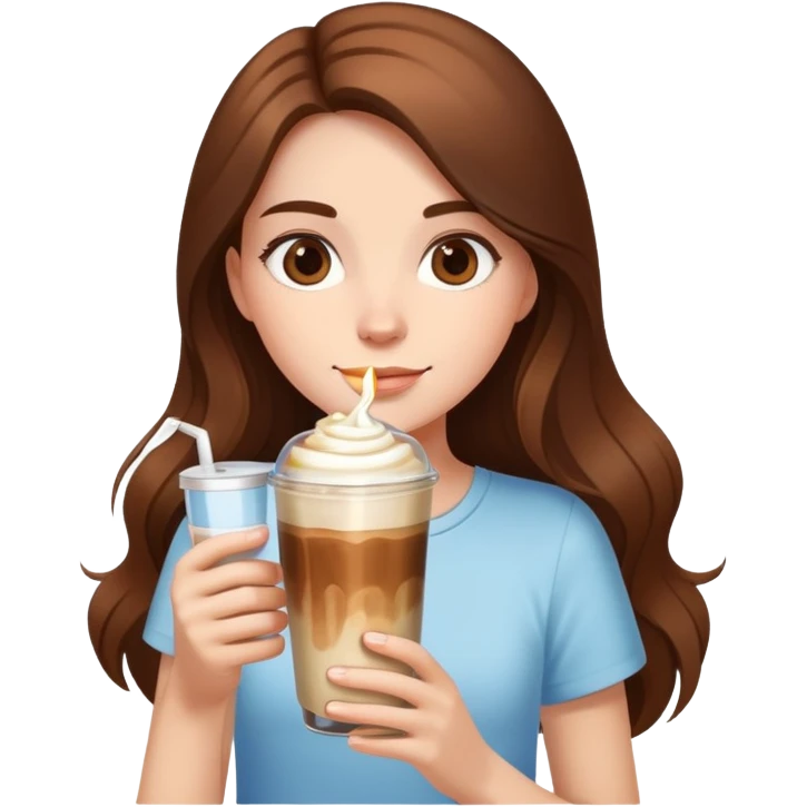 girl with long brown hair has ice latte coffee in glasse cup emoji