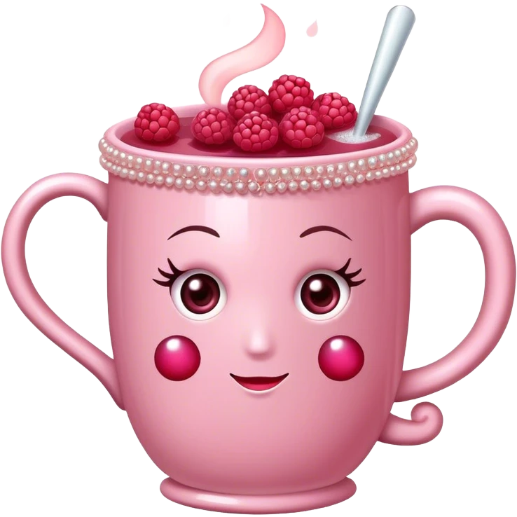 soft pink mug filled with steaming hot raspberry tea, decorated with blush pink pearl and sparkly embellishments (aesthetic, cute) emoji