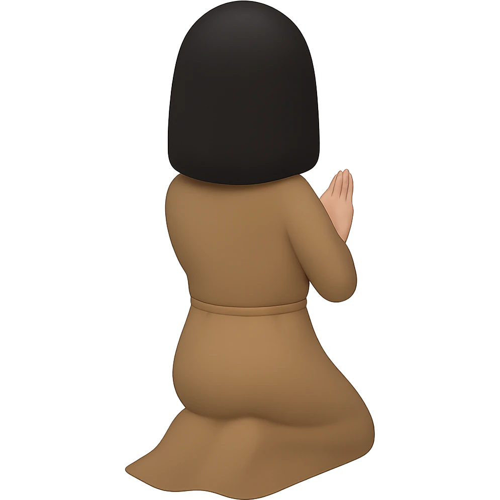 Edit the image to show a woman kneeling and praying from the back view, wearing a long tan dress and having dark brown hair. The style should resemble emoji style. Remove the background completely. emoji