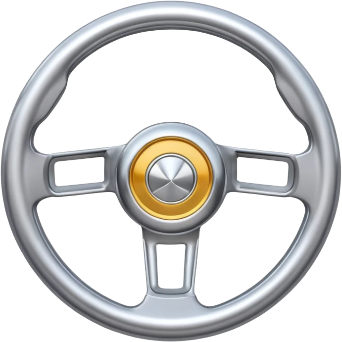 A futuristic steering wheel emoji made of silver chrome, minimal geometric design, smooth metallic surface, soft reflections, iOS emoji style, centered, clean white background emoji